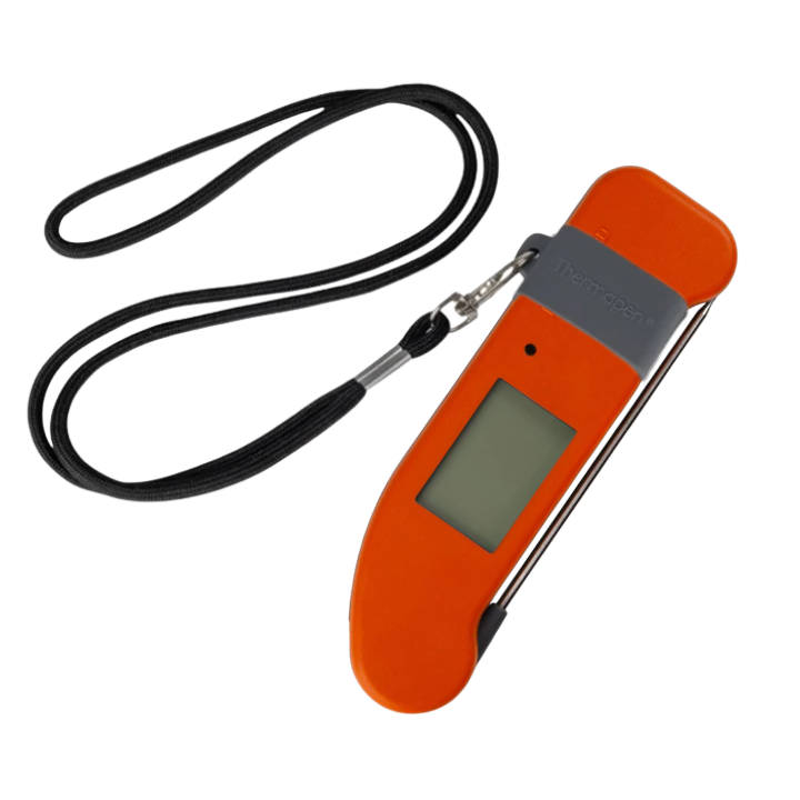 Oranje Thermometer met digitale display en zwarte lus, geschikt voor keuken en catering. Compact, handig en nauwkeurig voor temperatuurmeting in keukenapparatuur.