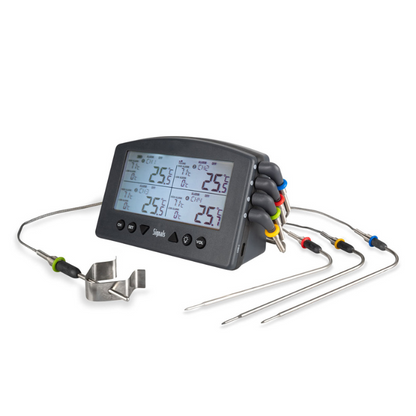 Grijze digitale grillthermometer met vier zichtbare sensoren en een metalen clip, geschikt voor precisieke temperatuurcontrole bij grillen en bakken.