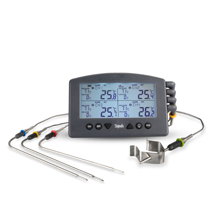 Grijze digitale grillthermometer met vier zichtbare sensoren en een metalen houder, geschikt voor precisieke temperatuurcontrole tijdens het grillen en bakken.