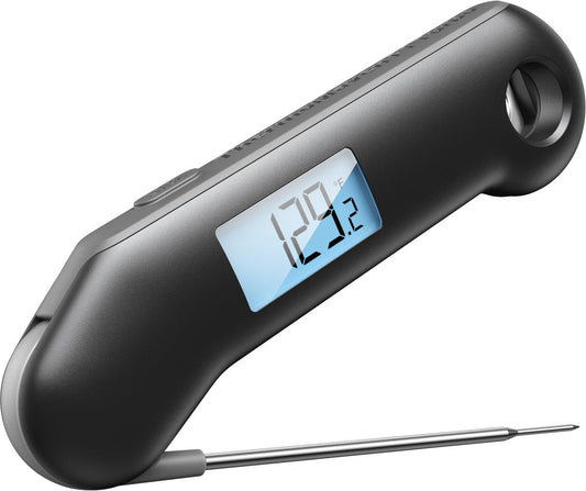 Zwart digitale Thermomaten FT Turbo met zichtbare temperatuurdisplay en metalen meetstok. Geschikt voor precisieke temperatuurmeting bij kook- en baktoepassingen.
