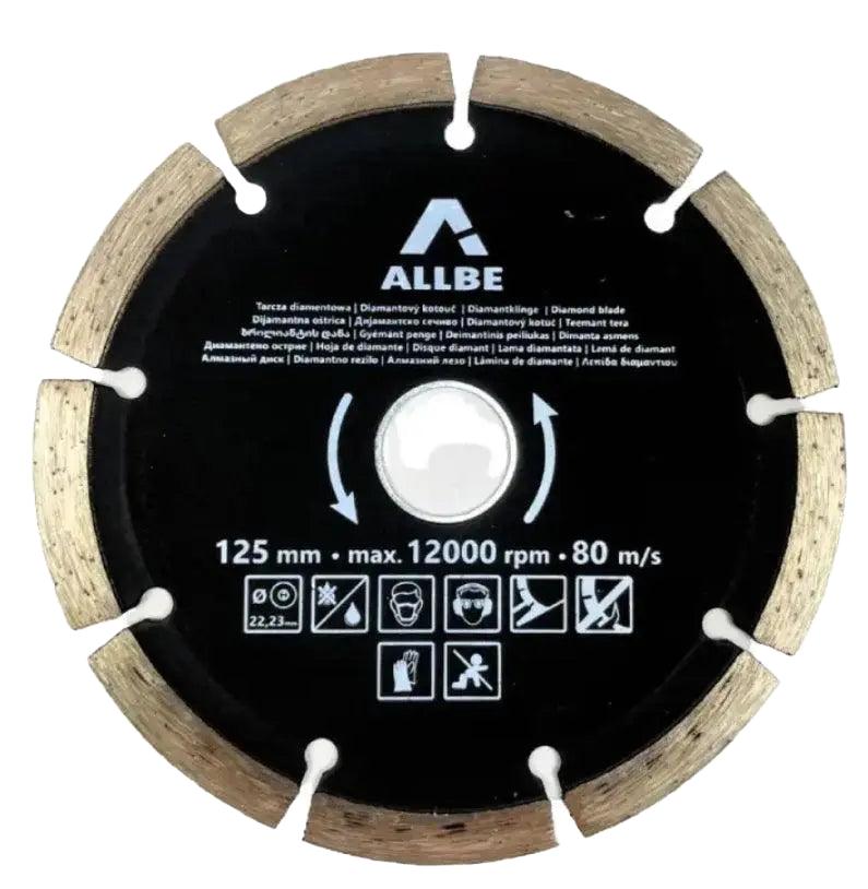 Allbe diamantzaagblad van 125 mm, geschikt voor beton en stenen, met zichtbare veiligheidsicoontjes en technische specificaties voor professioneel gebruik.