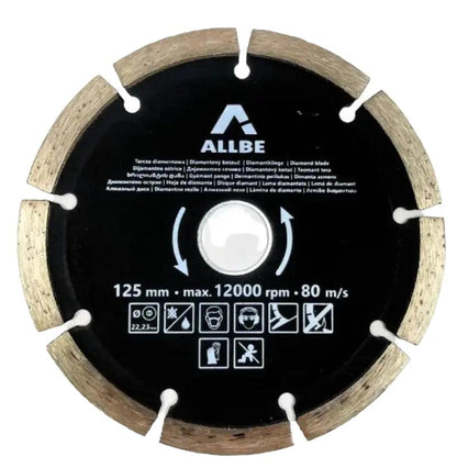 Allbe diamantzaagblad van 125 mm, geschikt voor beton en stenen, met zichtbare veiligheidsicoontjes en technische specificaties voor professioneel gebruik.