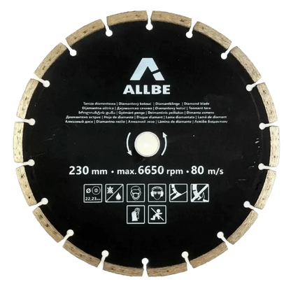 Allbe diamantzaagblad 230 mm, zwart met witte tekst en veiligheidsicoontjes, geschikt voor beton en stenen snijden. Gebruik voor professionele bouw- en renovatiewerkzaamheden.