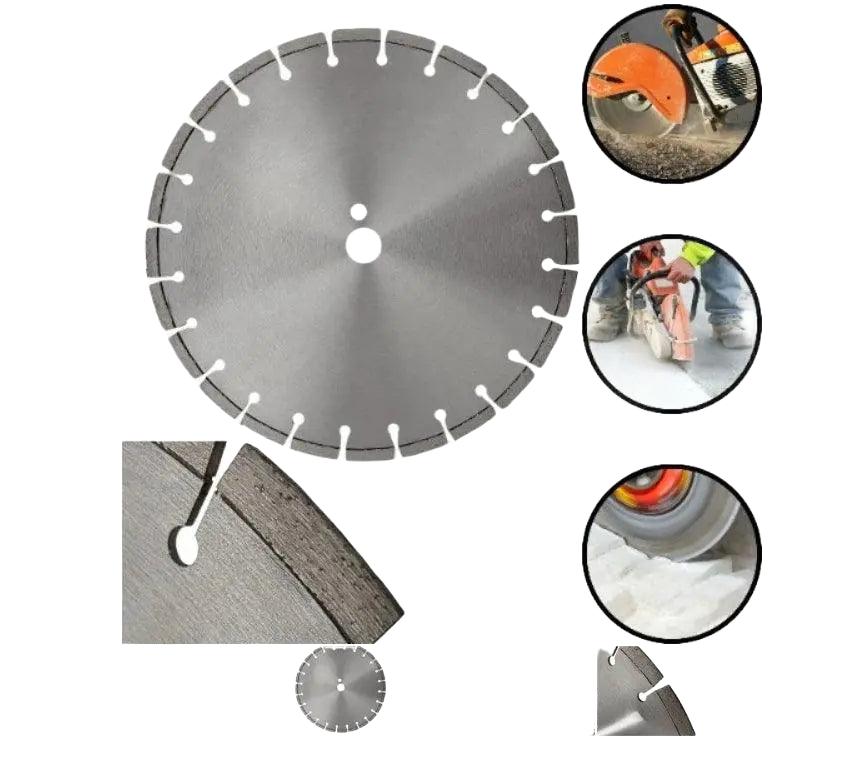 Zilverkleurige diamantzaagblad voor beton en tegel, met scherpe tanden en metalen rand. Geschikt voor professioneel gebruik bij betonzaagmachines en tegelzaagwerk.