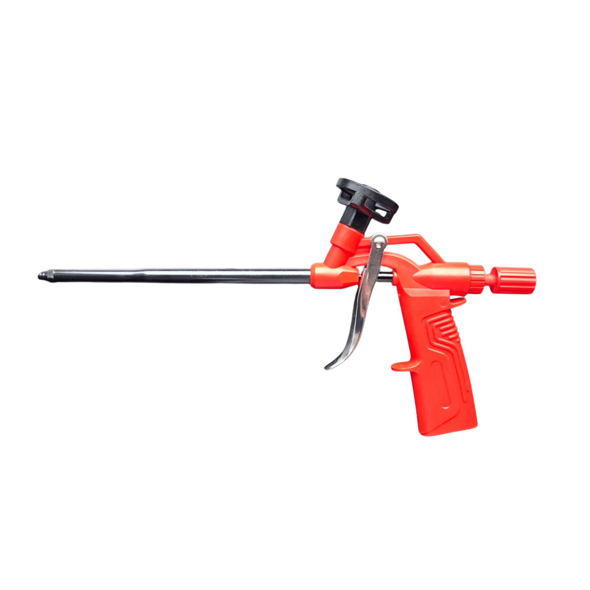 Rode schuimkanon met zwarte dop en metalen trekker, geschikt voor isolatie en reparaties. Gebruik voor huis- en tuinprojecten met schuim.