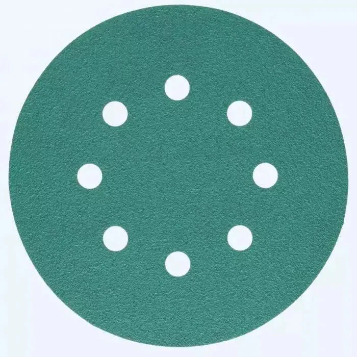 Groene, ronde schuurplaat met zeven witte gaten, geschikt voor elektrische schuurmachines. Perfect voor precisieschuren van metaal en hout.