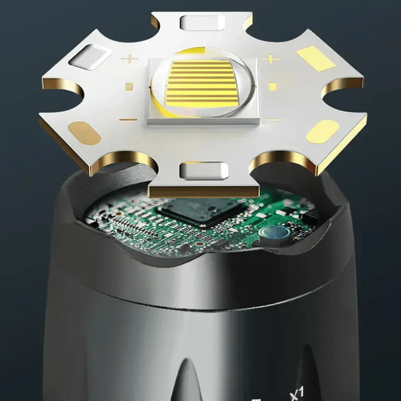 Zwarte XML-T6 zaklamp met textuur, zichtbare modusknop en lichtgevend uiteinde. Geschikt voor avonturen, nachtwandelers en noodgebruik.