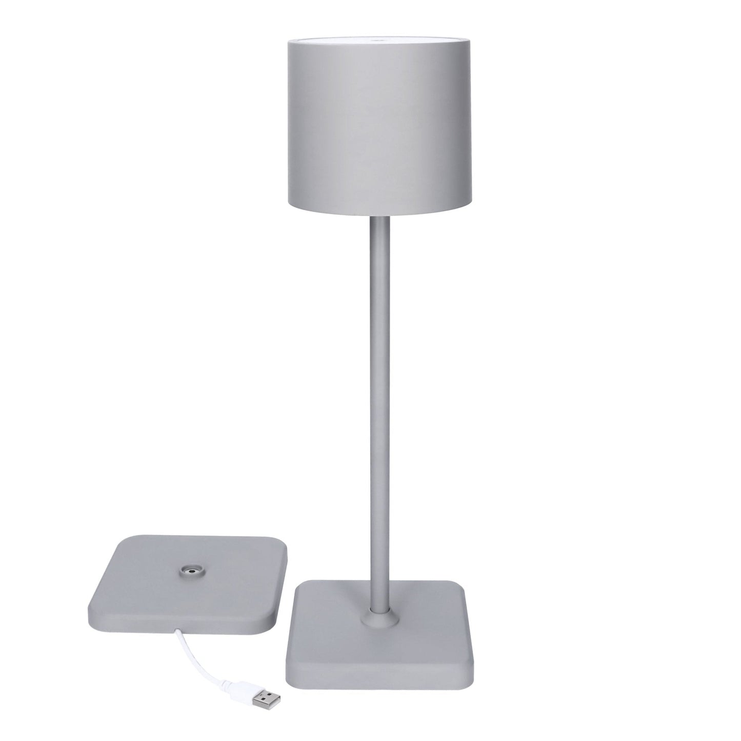 Een minimalistische grijze tafellamp met cilindrisch scherm en rechte steel, geschikt voor moderne slaapkamers of werkkantoor. Geïnspireerd op Scandinavische design, ideaal voor rustige avonden of studie.