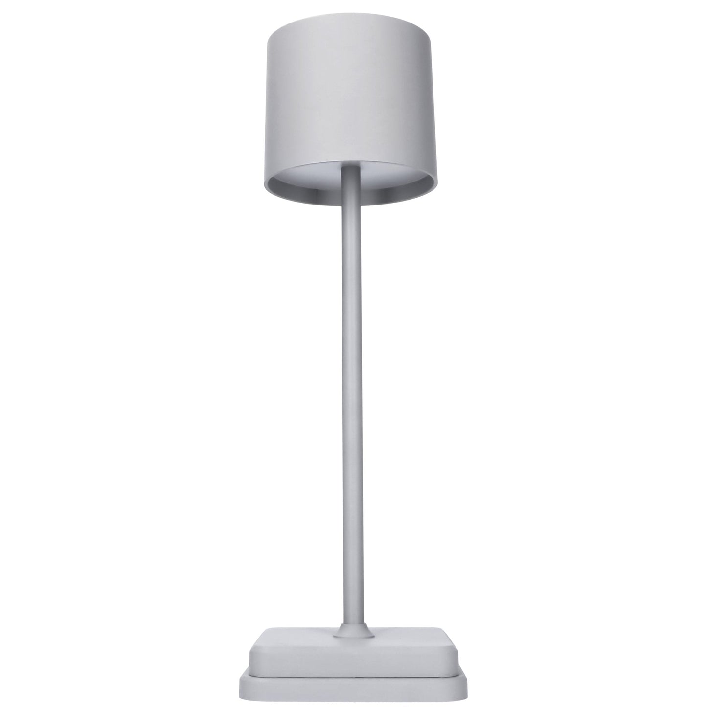 Een minimalistische, grijze tafellamp met een cilindrische kap en een dunne steel, geplaatst op een vierkante voet. Ideaal voor moderne slaapkamers of werkkantoorverlichting.