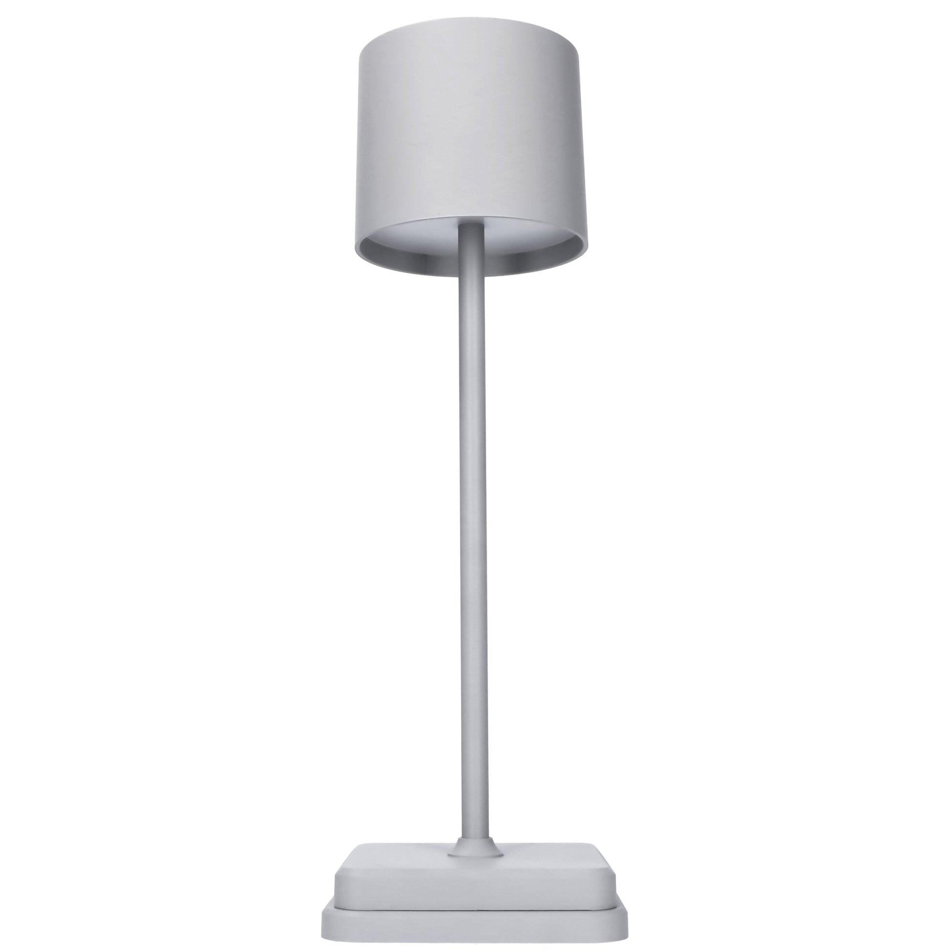 Een minimalistische, grijze tafellamp met een cilindrische kap en een dunne steel, geplaatst op een vierkante voet. Ideaal voor moderne slaapkamers of werkkantoorverlichting.