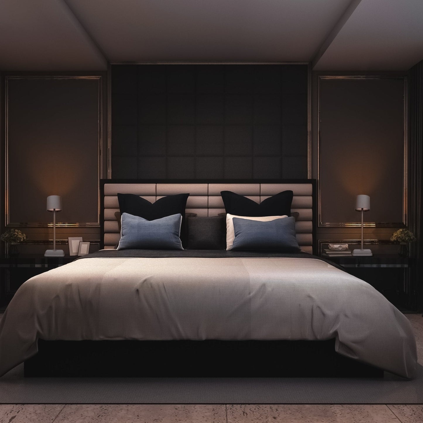 Een minimalistische grijze tafellamp met cilindrisch scherm en gestileerde voet, geschikt voor moderne slaapkamers of woonkamers. Perfect voor stijlvolle interieurs met een focus op functionele design.