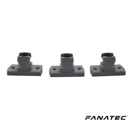 Zwart kunststof Fanatec stuurwielbeugelset, bestaande uit drie identieke onderdelen met gaten voor montage. Geschikt voor gamingstoelen en racingsimulatoren met stuurwielbeugels.