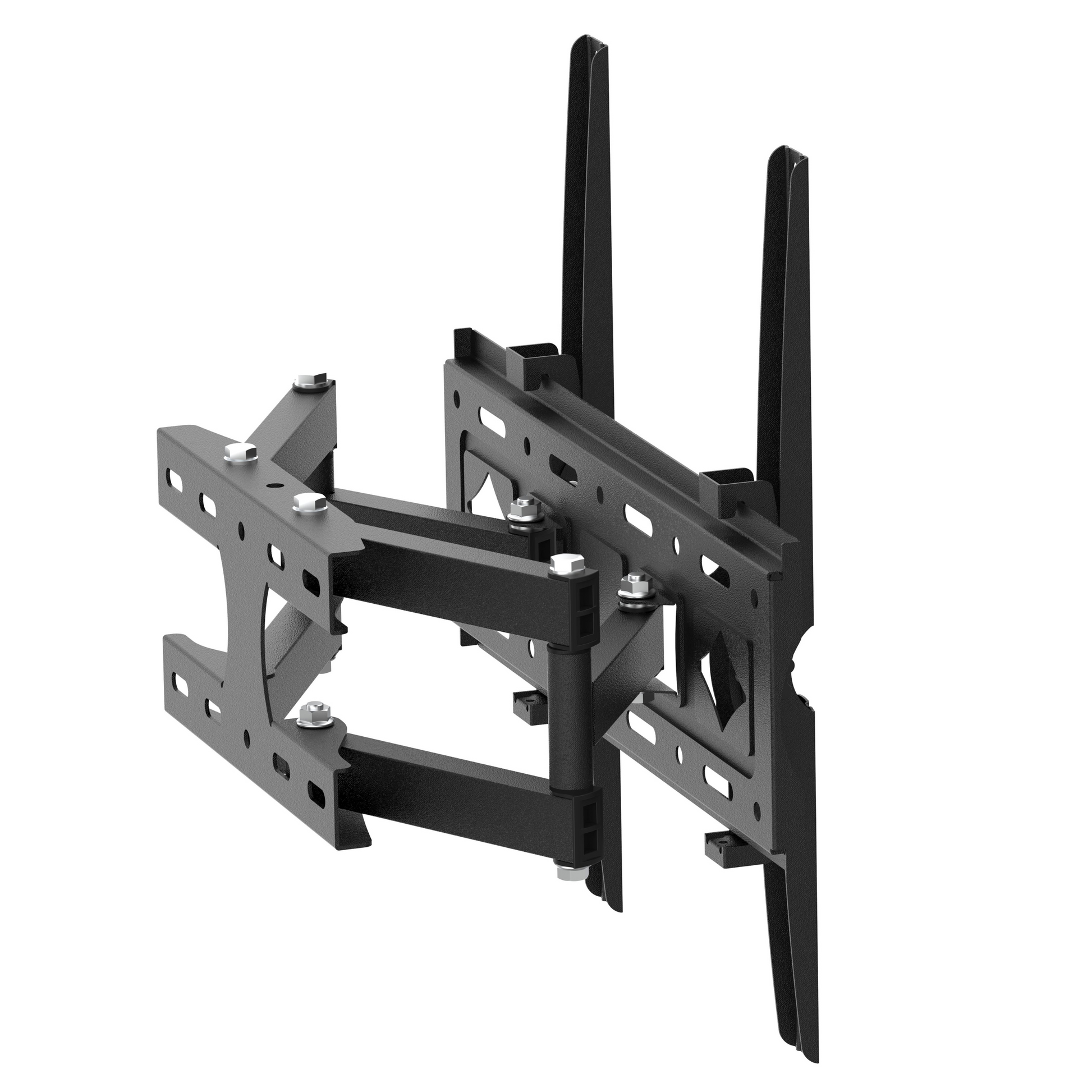 Zwarte, verstelbare TV-wandmontage met schuif- en draaifunctie, geschikt voor moderne schermen. Robuust metaalconstructie met zichtbare montagebeugels en schroefopeningen voor eenvoudige installatie.
