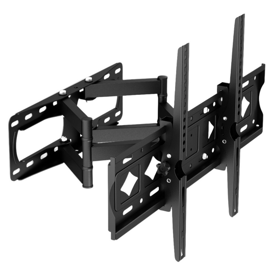Zwarte, verstelbare TV-wandmontage met stalen constructie en schuifmechanisme, geschikt voor moderne schermen. Ideaal voor kantoor- en woonruimte installaties met optimale zichtbaarheid.