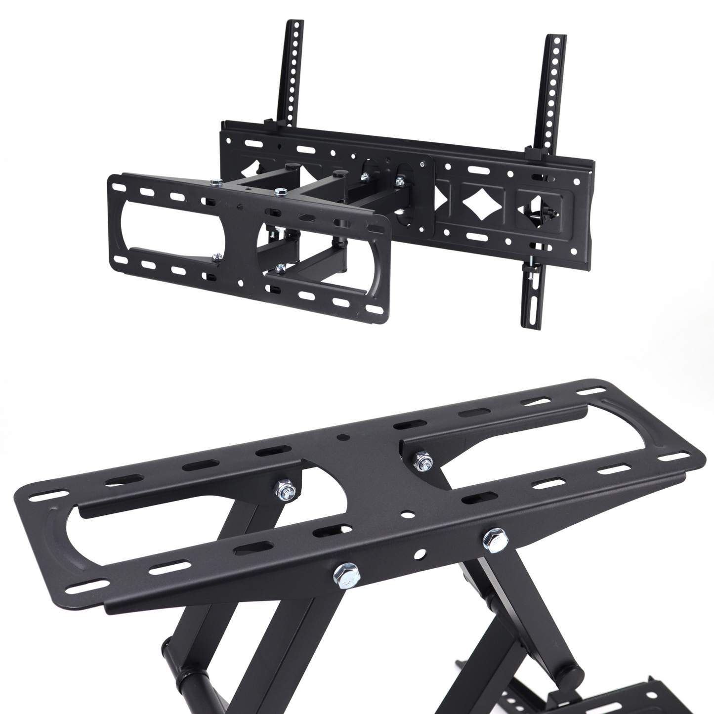 Zwarte, verstelbare TV-wandmontage met draaibare arm en schuifmechanisme, geschikt voor moderne schermen. Ideaal voor kantoor- of woonruimte installatie met maximale flexibiliteit.