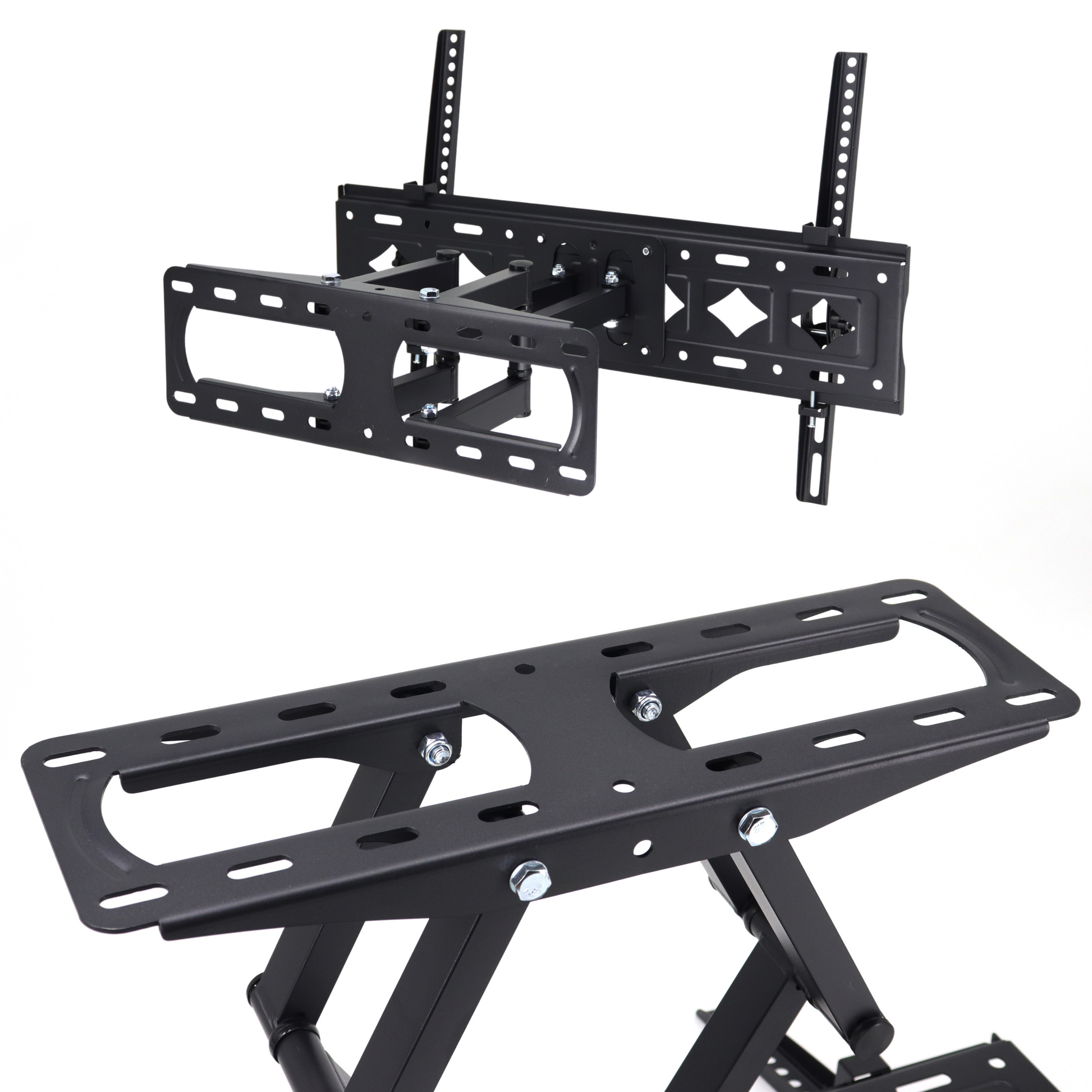 Zwarte, verstelbare TV-wandmontage met draaibare arm en schuifmechanisme, geschikt voor moderne schermen. Ideaal voor kantoor- of woonruimte installatie met maximale flexibiliteit.