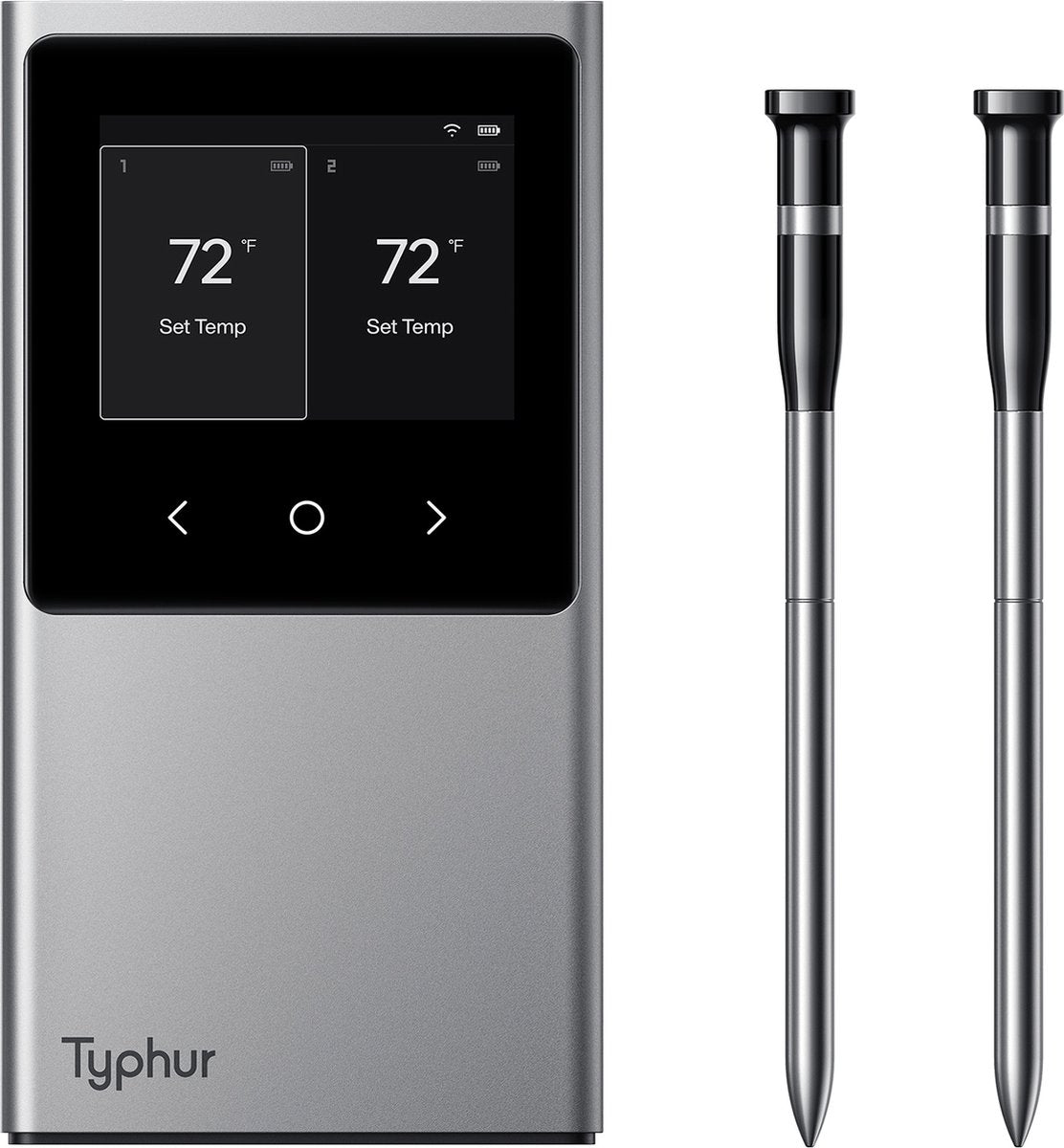 Zilverkleurige Typhur smart thermostaat met scherm voor twee zones, naast twee zwarte en zilveren temperatuursensoren voor precieze huiscontrole. Ideaal voor slimme verwarming en koeling in huishoudens.