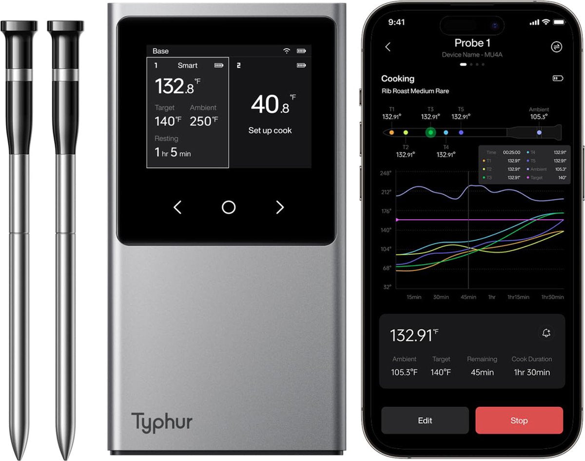 Zilverkleurige Typhur smart thermostaat met scherm voor twee zones, naast twee zwarte en zilveren temperatuursensoren voor precieze huiscontrole. Ideaal voor slimme verwarming en koeling in huishoudens.