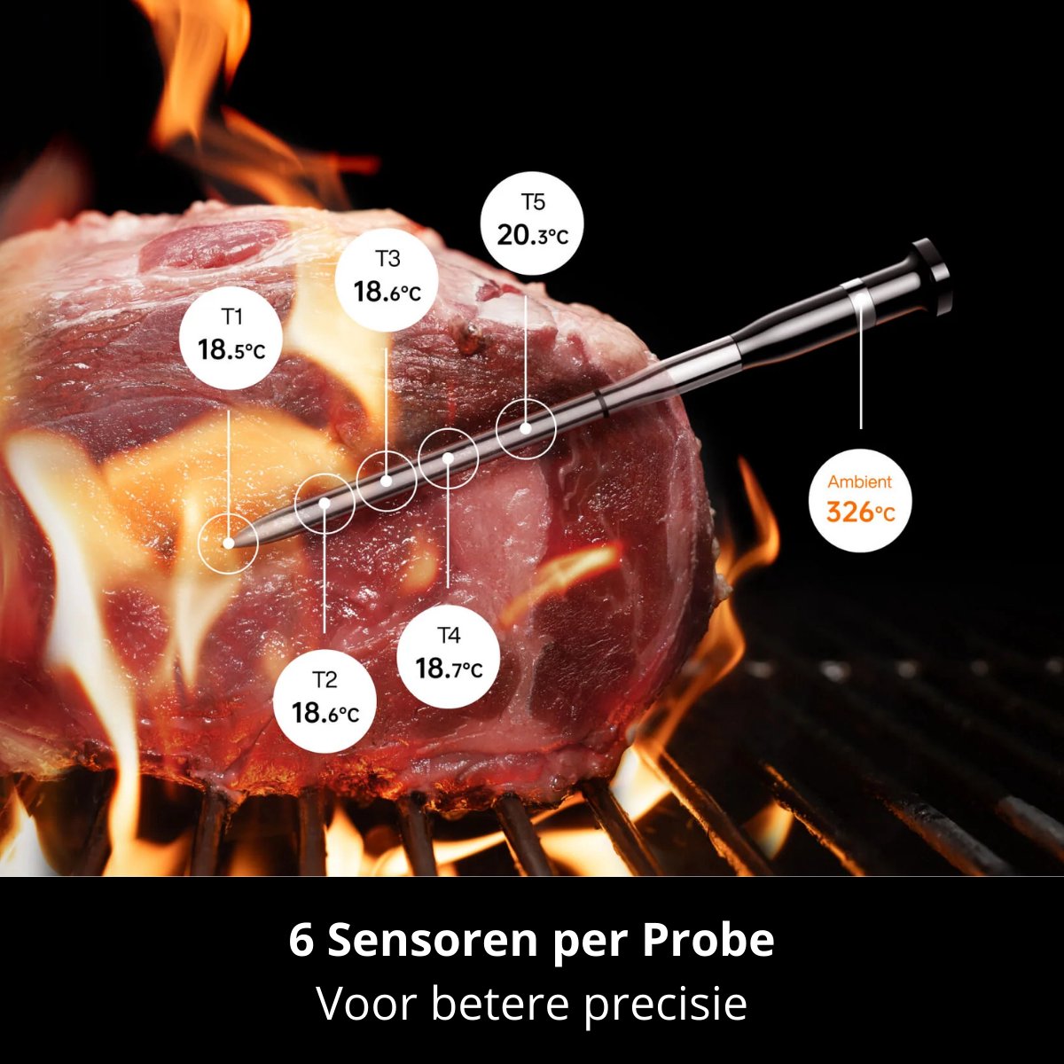 Een zilverkleurige Typhur smart thermometer met digitale display, waarop target en ambient temperatuur te zien zijn. De bijbehorende metalen sensor is geschikt voor kook- en grilltoepassingen.