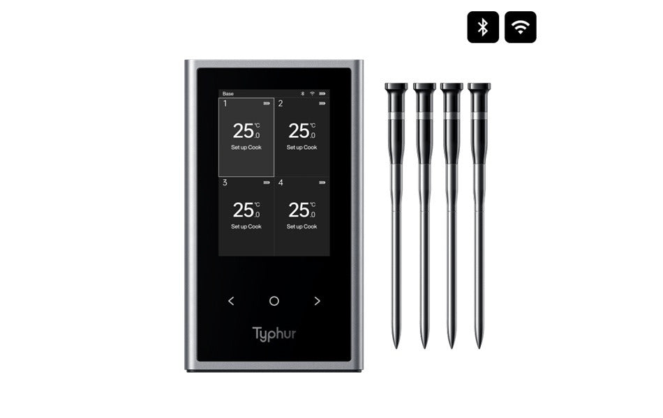 Zilverkleurige Typhur smart kitchen thermometer met digitale display en Bluetooth-verbinding, uitgerust met vier temperatuurzones voor precieze kookcontrole in de keuken.