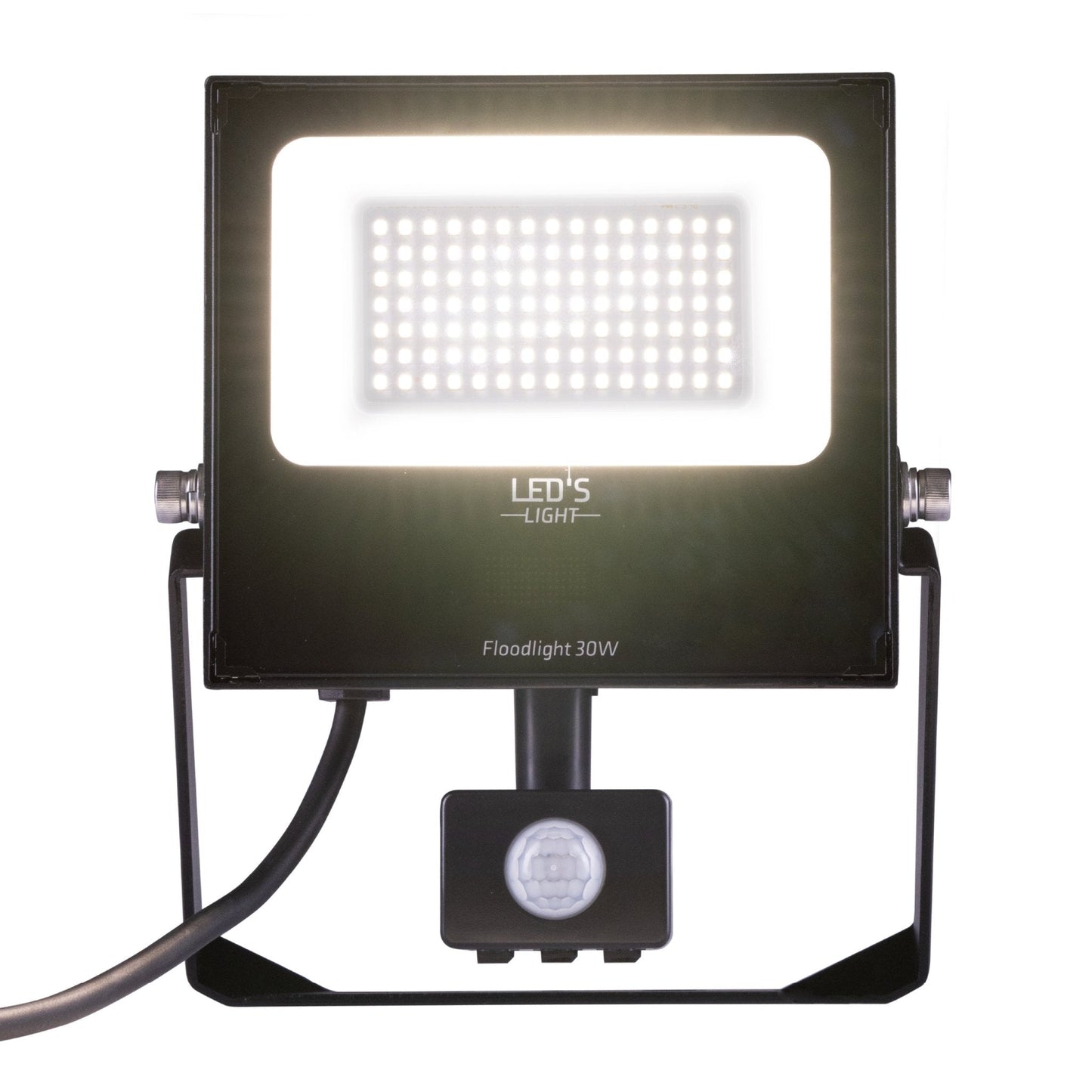 Zwart LED buitenverlichting met 30W vermogen en bewegingssensor, geschikt voor tuin- en terrasverlichting. Zichtbare LED’s en montagearm voor gemakkelijke installatie.