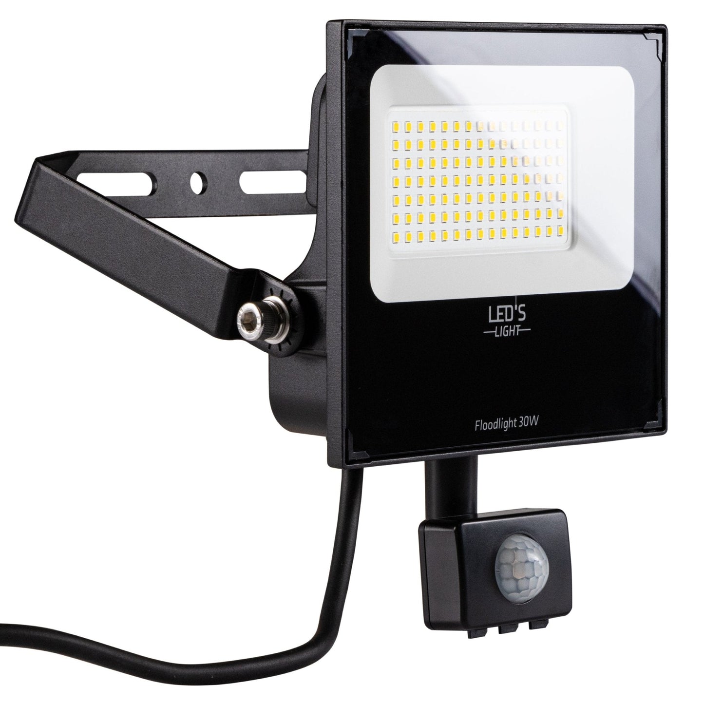 Zwarte LED’s Floodlight 30W met bewegingssensor, voor buitenverlichting. Geïntegreerde sensor en zichtbare kabel voor automatische verlichting bij beweging.