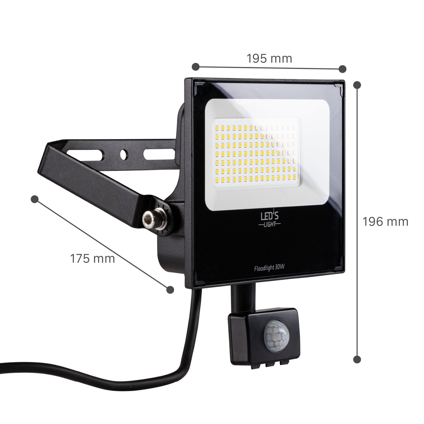 Zwart LED-stralingslicht met 30W vermogen en bewegingssensor, geschikt voor buitengebruik. Het apparaat heeft een glanzende witte reflector en een zichtbare schakelaar voor nachtzicht.