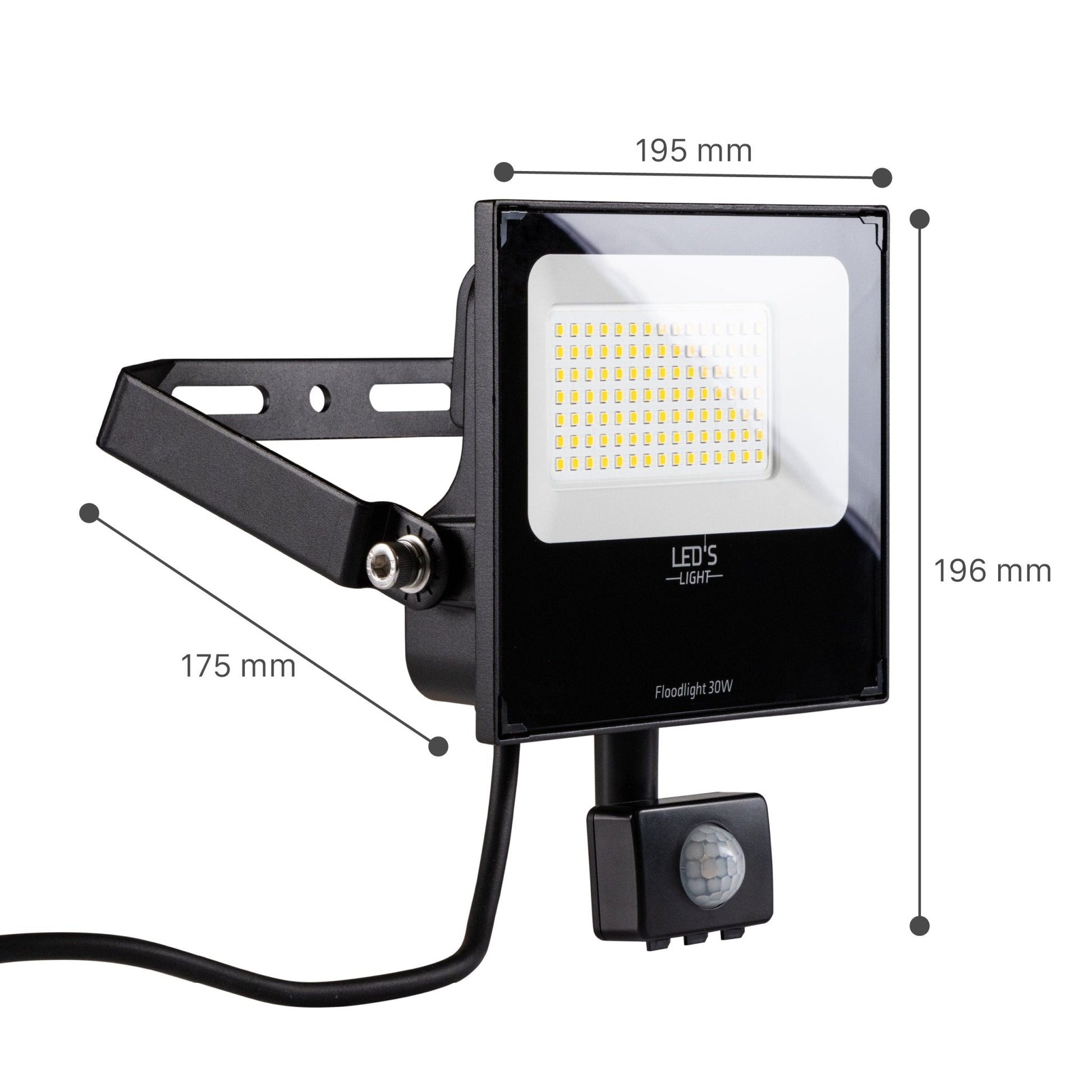 Zwart LED-stralingslicht met 30W vermogen en bewegingssensor, geschikt voor buitengebruik. Het apparaat heeft een glanzende witte reflector en een zichtbare schakelaar voor nachtzicht.