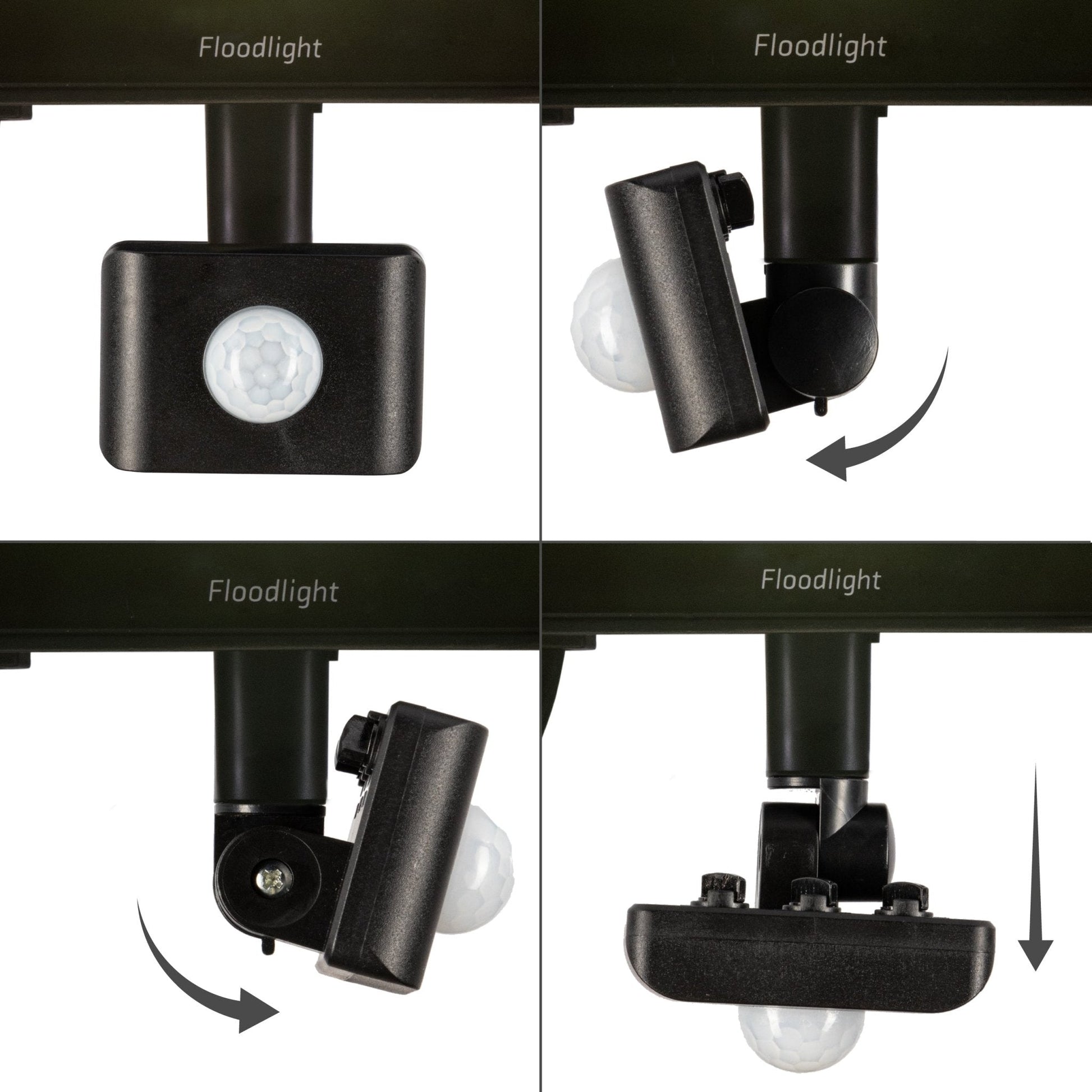 Zwart LED-stralingslicht met 50W vermogen en bewegingssensor, geschikt voor buitenverlichting. Het apparaat heeft een glazen kap en zichtbare montageschroef voor gemakkelijke installatie.