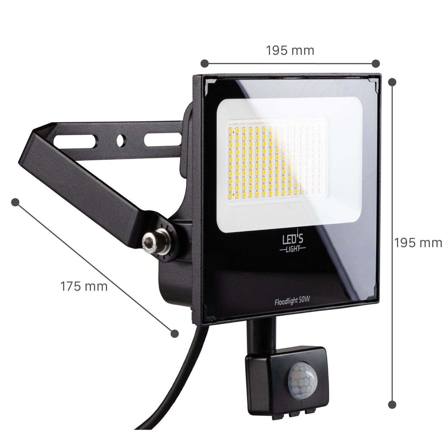 Zwart LED buitenverlichting met 50W vermogen en bewegingssensor, geschikt voor tuin- en terrasverlichting. Zichtbare LED-dioden en montagearm voor gemakkelijke installatie.