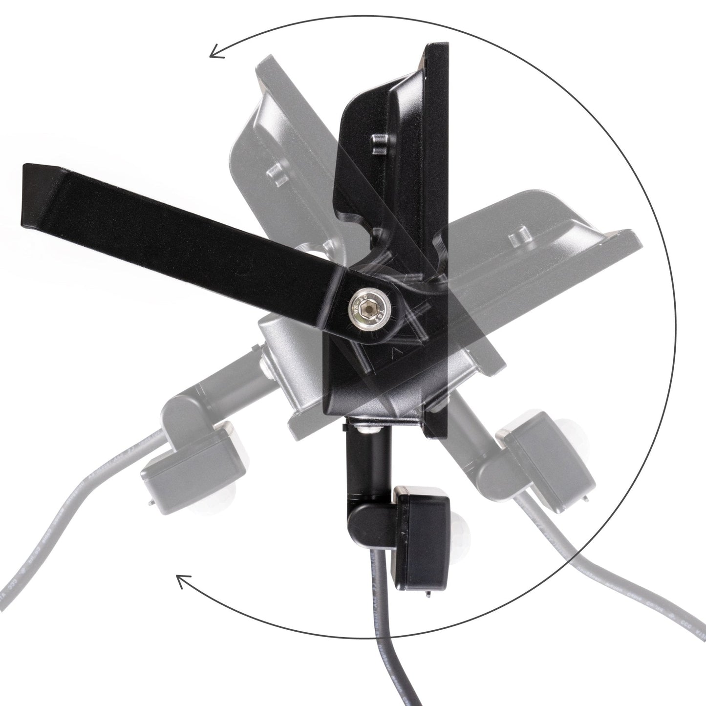 Zwarte LED’s Floodlight 50W met bewegingssensor, voor buitenverlichting. Zichtbare LED-arrays en montagearm met schroef, geschikt voor tuin- en terrasverlichting.