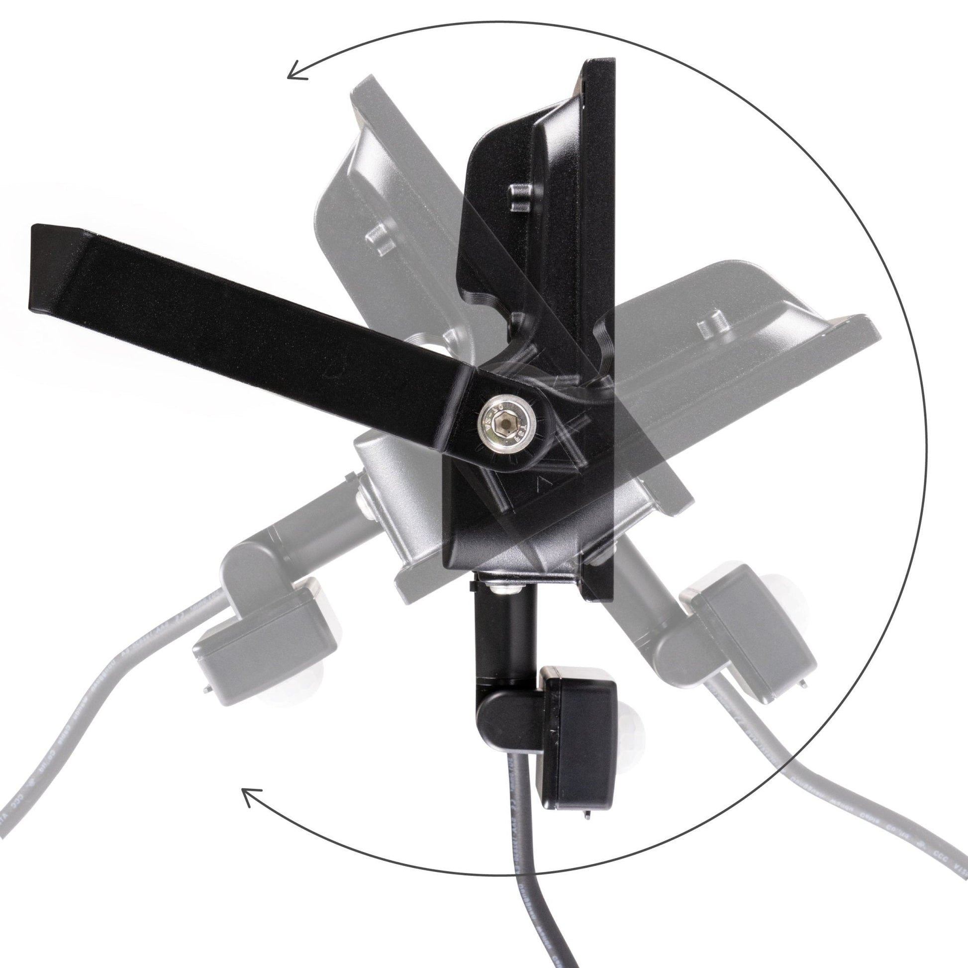 Zwarte LED’s Floodlight 50W met bewegingssensor, voor buitenverlichting. Zichtbare LED-arrays en montagearm met schroef, geschikt voor tuin- en terrasverlichting.