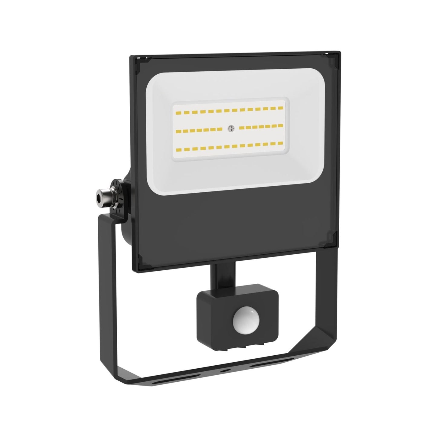 Zwarte LED buitenverlichting met 50W vermogen en bewegingssensor, uitgerust met een zichtbare schakelaar en een glazen beschermkap. Geschikt voor veilige verlichting van tuinen en terrassen.