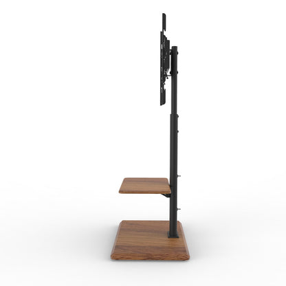 Een zwart metalen TV-standaard met houten planken, geschikt voor wandmontage of tafelgebruik. Ideaal voor moderne woonkamers of kantoren waar een stijlvolle, functionele oplossing voor tv’s of monitoren nodig is.