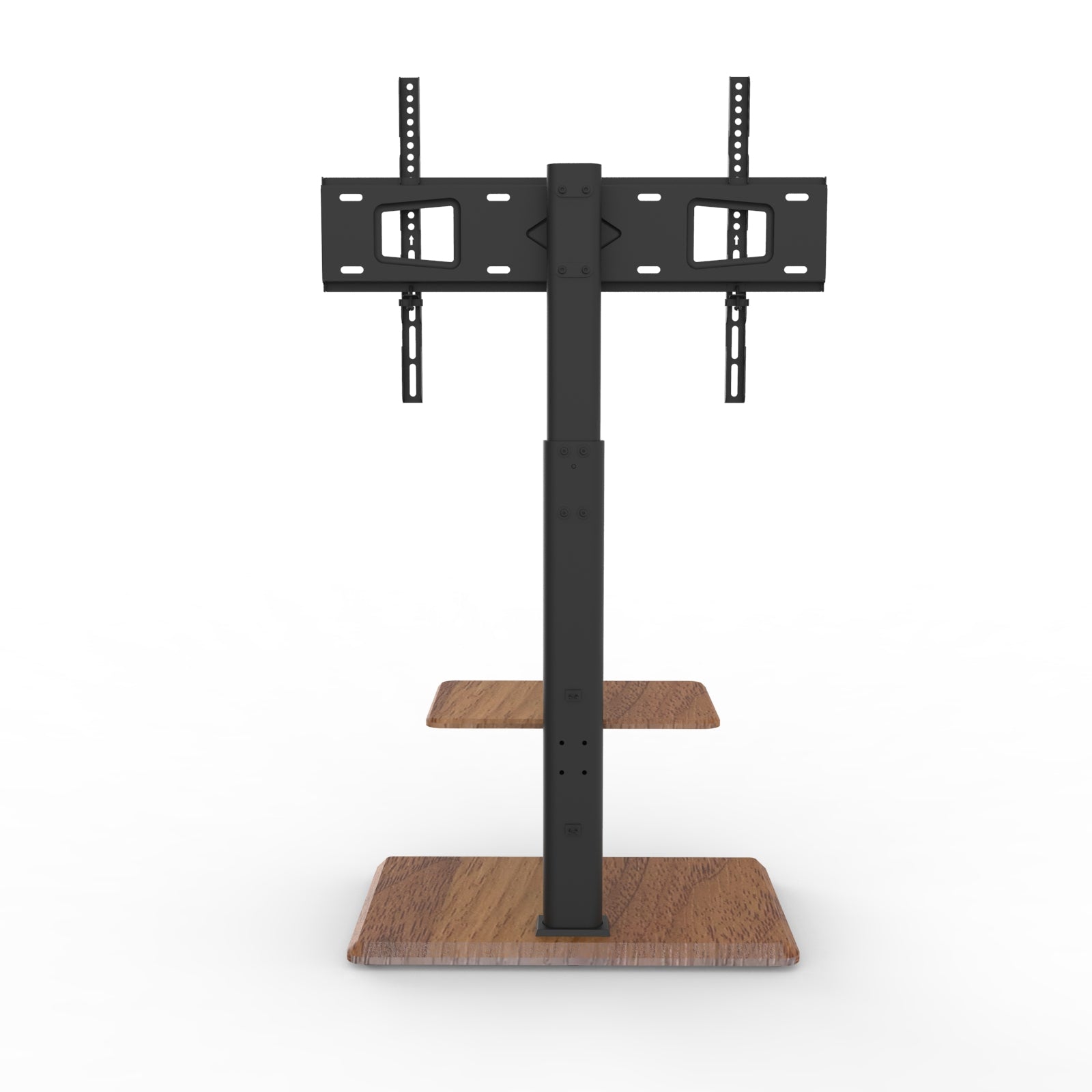 Een zwart metalen TV-standaard met houten planken, geschikt voor wandmontage of als bureau. Ideaal voor moderne kantoor- of woonruimtes met een minimalistisch design.