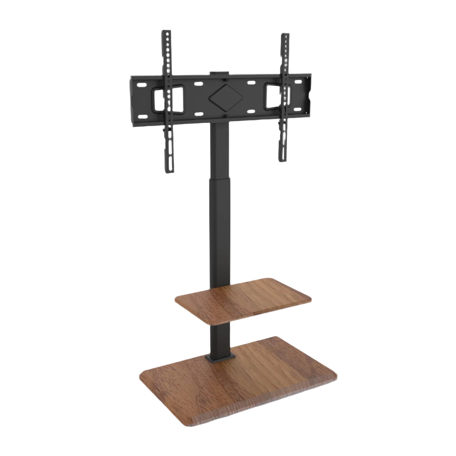 Een zwart metalen TV-standaard met houten planken, geschikt voor wandmontage of als bureau. Ideaal voor moderne kantoor- of woonruimtes met een minimalistisch design.