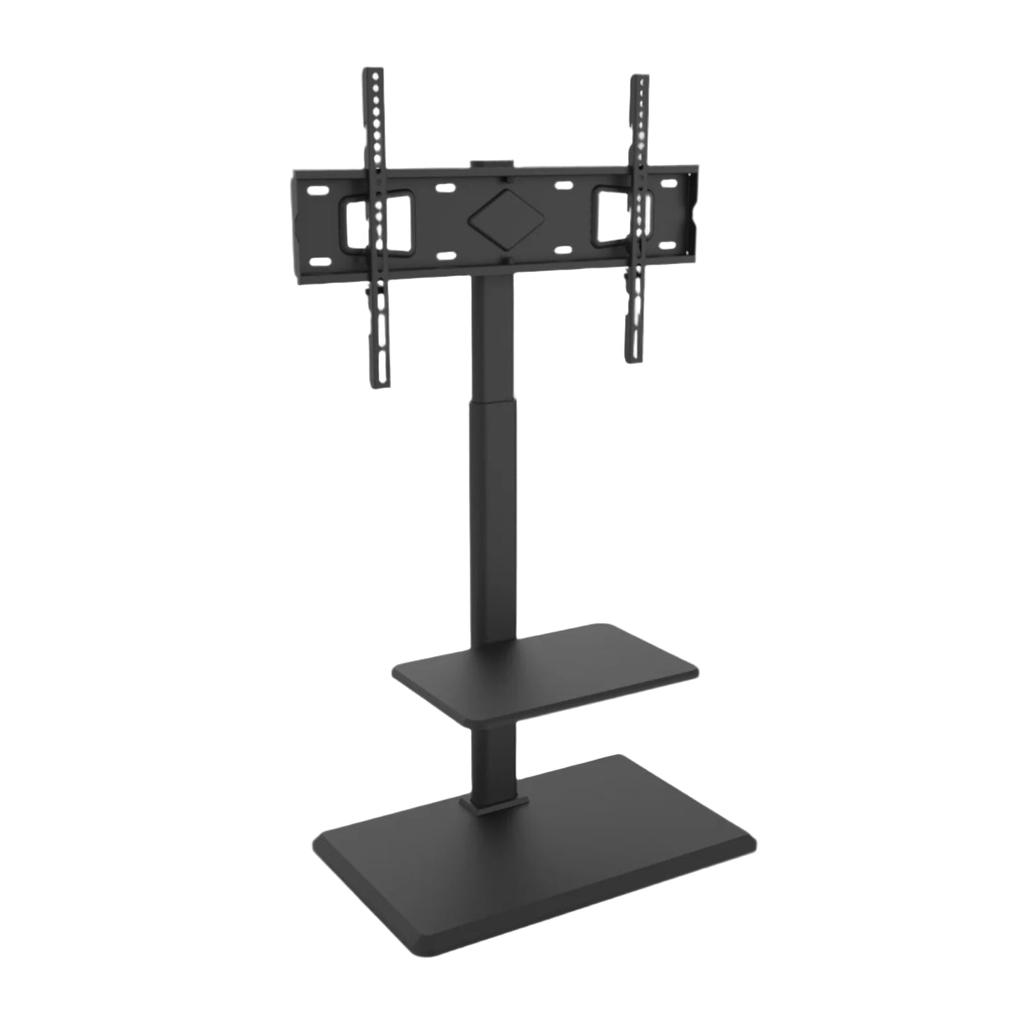Zwarte, verhoogbare TV-standaard met montageplaat voor schermen tot 65 inch, inclusief ondersteunend plankje voor media. Ideaal voor moderne woonkamer of kantooromgeving.