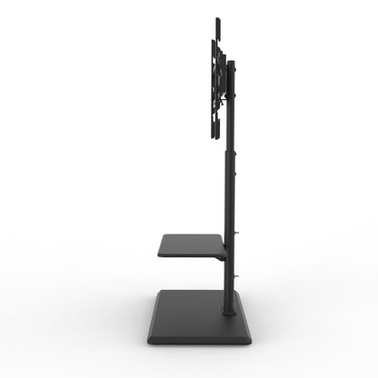 Zwarte, verhoogbare TV-standaard met montageplaten voor schermen, inclusief een ondersteunende plank. Geschikt voor moderne woonkamers en kantoren waar ruimte en stijl belangrijk zijn.