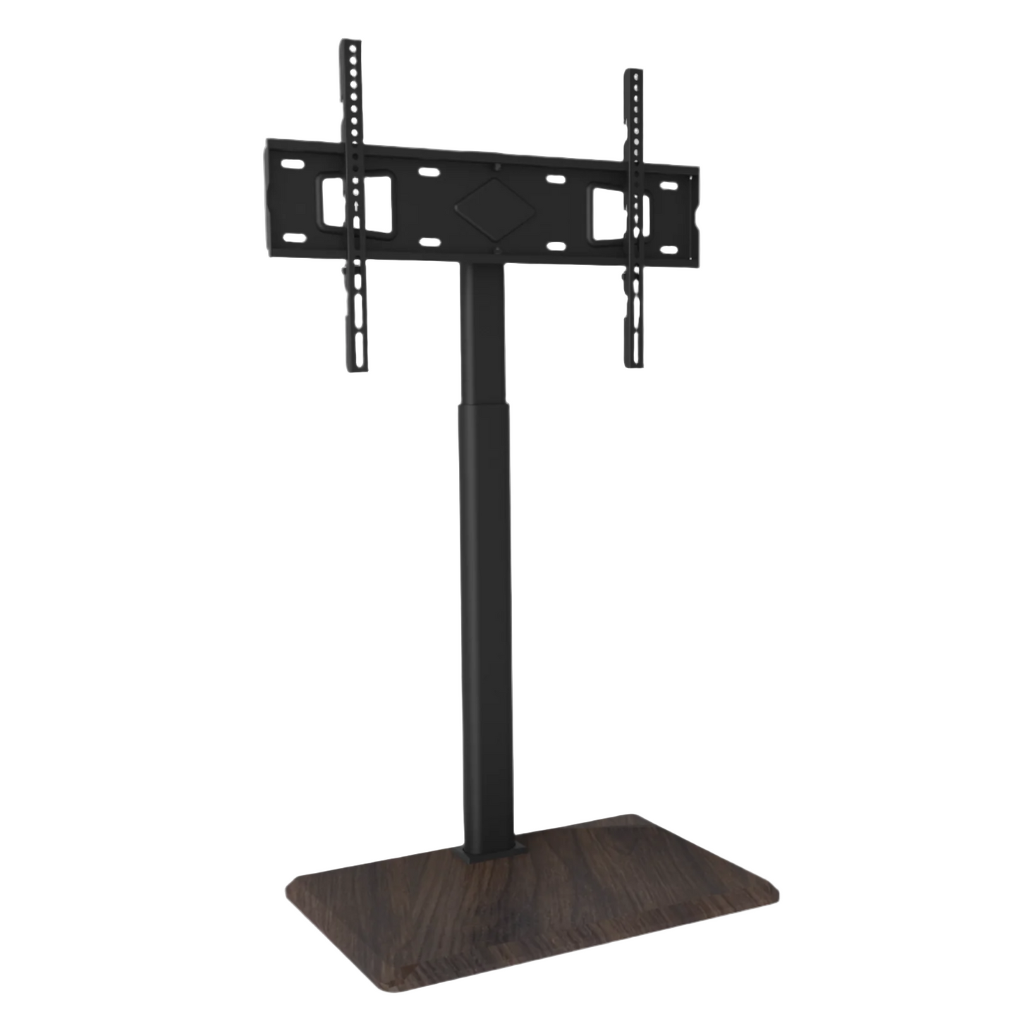 Zwarte TV-standaard met houten voet, geschikt voor wandmontage of tafel. Standaard heeft verstelbare arm en is ideaal voor kantoor- en woonruimte.