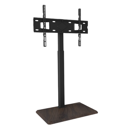 Zwarte TV-standaard met houten voet, geschikt voor wandmontage of tafel. Standaard heeft verstelbare arm en is ideaal voor kantoor- en woonruimte.