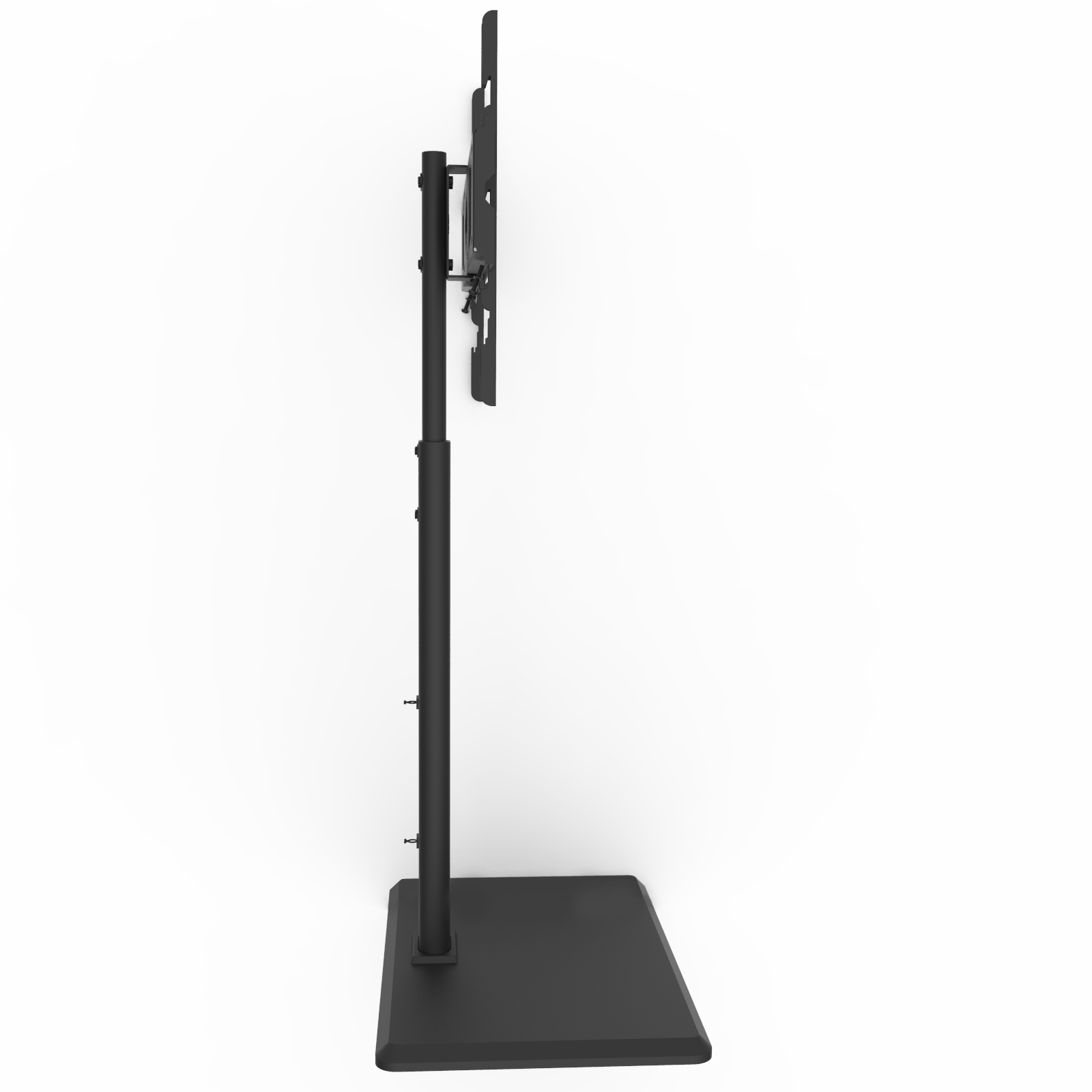 Zwarte TV-standaard met verstelbare montageplaat, geschikt voor moderne schermen. Stijlvol ontwerp met robuust metaal, ideaal voor kantoor of woonkamer.