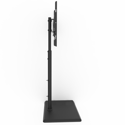 Zwarte TV-standaard met verstelbare montageplaat, geschikt voor moderne schermen. Stijlvol ontwerp met robuust metaal, ideaal voor kantoor of woonkamer.