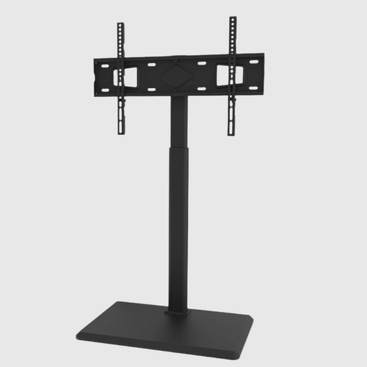 Zwarte TV-standaard met verstelbare montageplaat en brede basis voor stabiele ondersteuning. Geschikt voor moderne televisies en slimme kantooropstellingen.