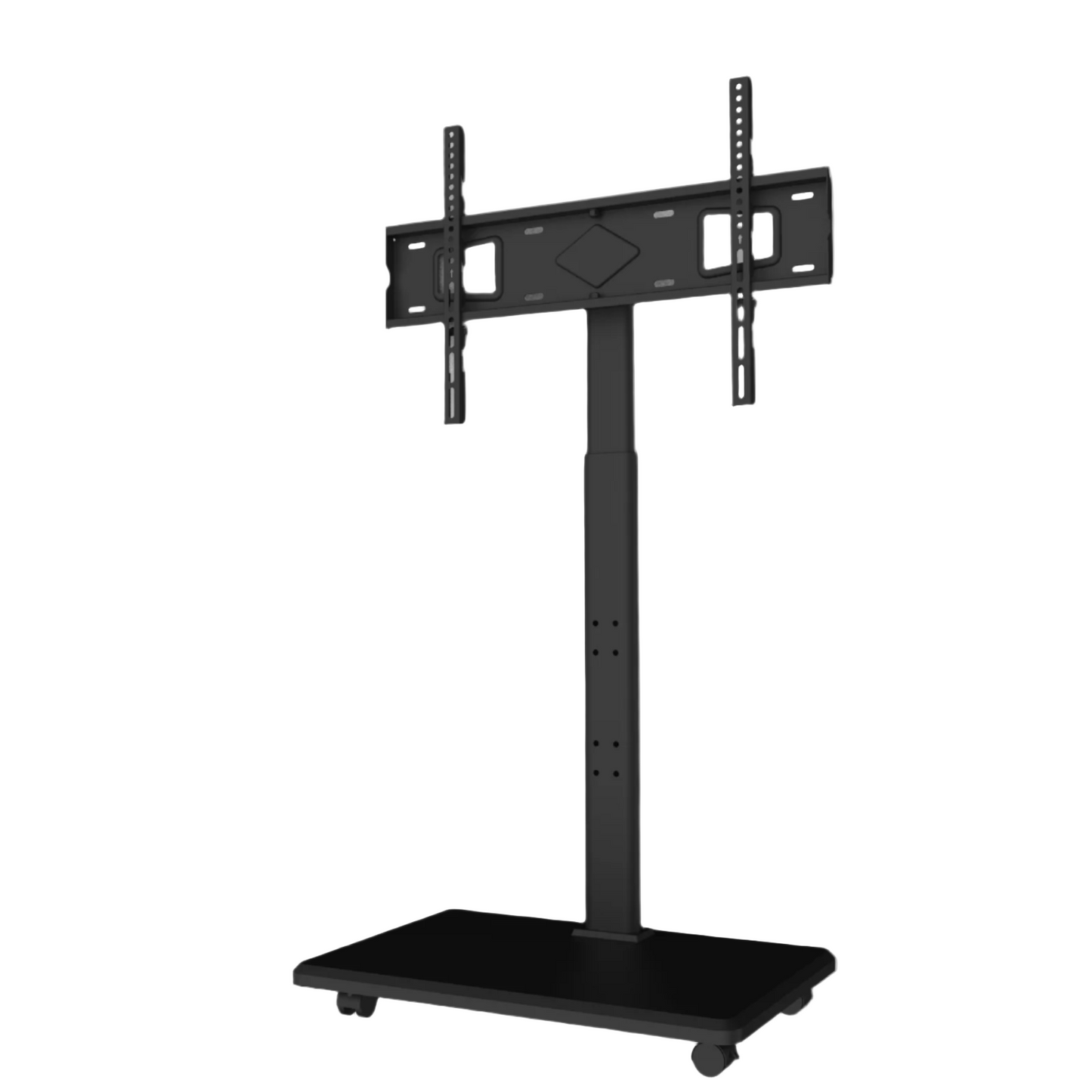 Zwarte, verhoogbare TV-standaard met wielen en montageplaten voor wand- of vloerbevestiging. Geschikt voor moderne televisies en presentaties in kantoren of woonruimtes.