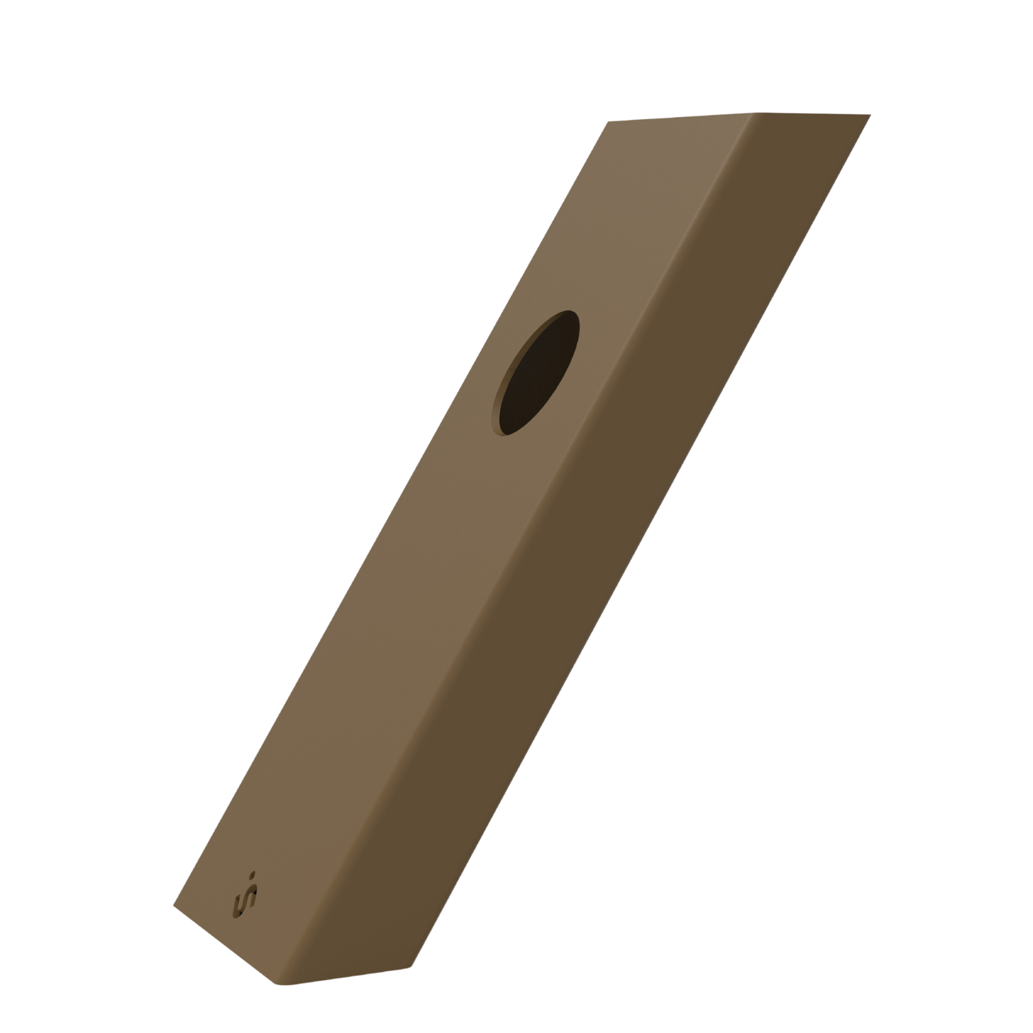 Een bruine, rechthoekige vape-stick met een ronde opening en een klein logo aan de onderkant, speciaal ontworpen voor dagelijks gebruik en discreet transport.