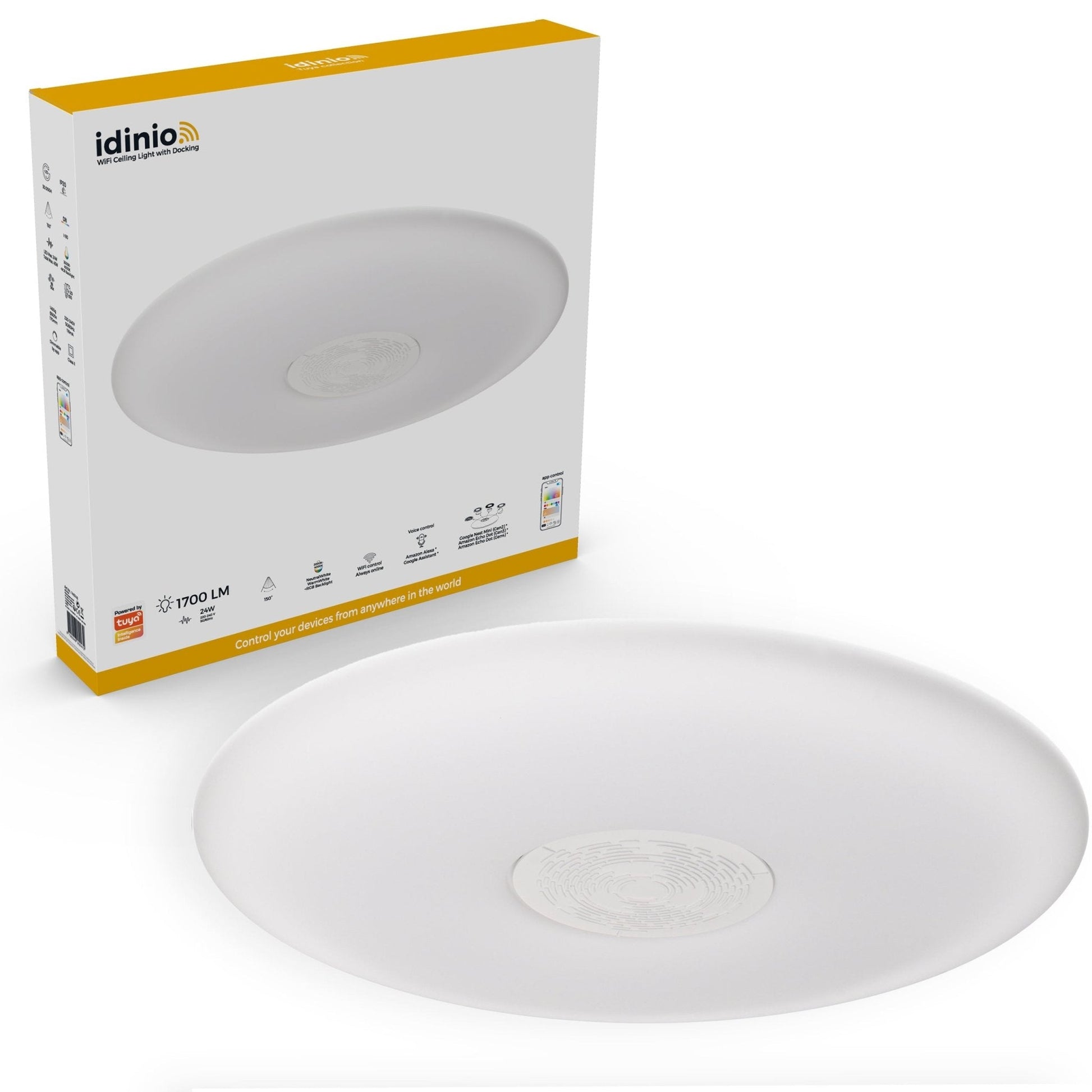 Een witte, ronde plafondlamp met zwarte bedieningsring, geïntegreerd met slimme apparaatjes voor kleurverandering en smart home-gebruik. Gebruik voor moderne woonruimtes en slimme verlichtingssystemen.