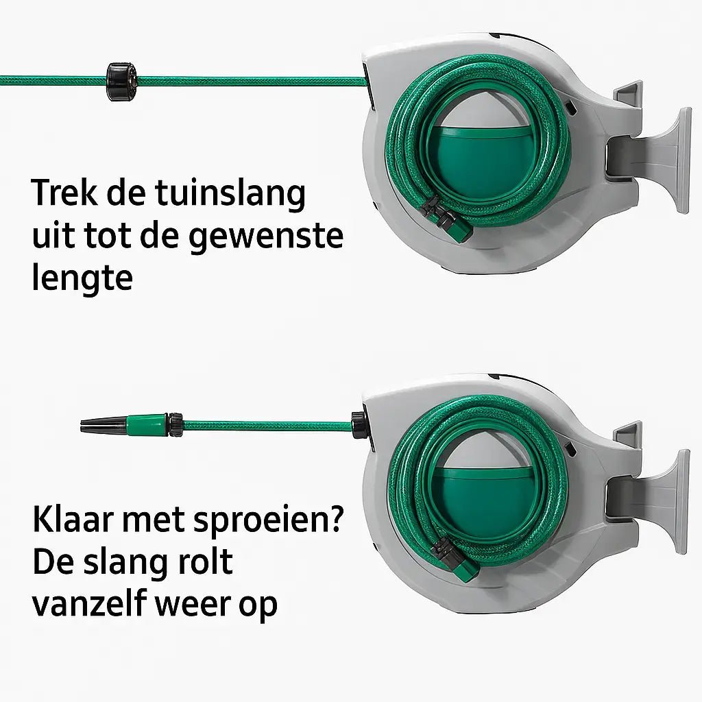 Een witte, wandmonteerde tuinslangrol met groene accenten en een flexibele slang. Geschikt voor tuinwatering en tuinonderhoud, met een handige opbergruimte en een sterk, groen slangstuk.