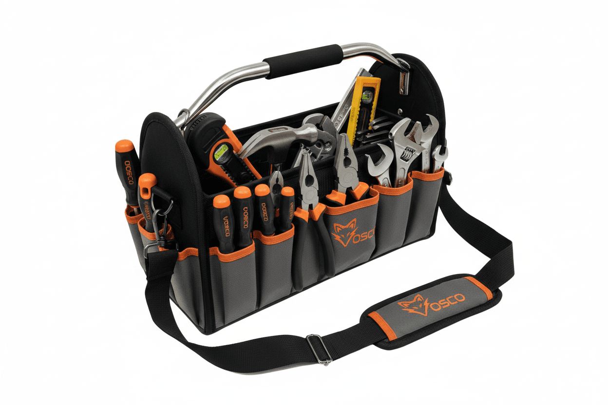 De zwarte OSO toolbag met oranje accenten en zichtbare merklogo, uitgerust met een metalen handvat en schouderband voor handig transport op de bouwplaats of in de garage.