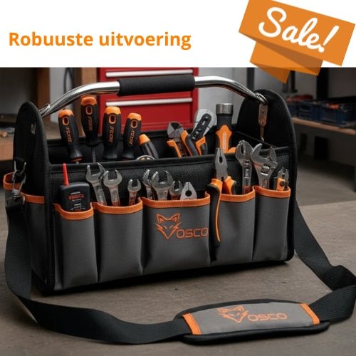 De zwarte OSO toolbag met oranje accenten en zichtbare merklogo, voorzien van een metalen handvat en schouderband, is speciaal ontworpen voor professionele houtbewerkers en tuinmannen.