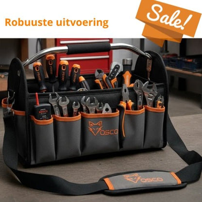 De zwarte OSO toolbag met oranje accenten en zichtbare merklogo, voorzien van een metalen handvat en schouderband, is speciaal ontworpen voor professionele houtbewerkers en tuinmannen.